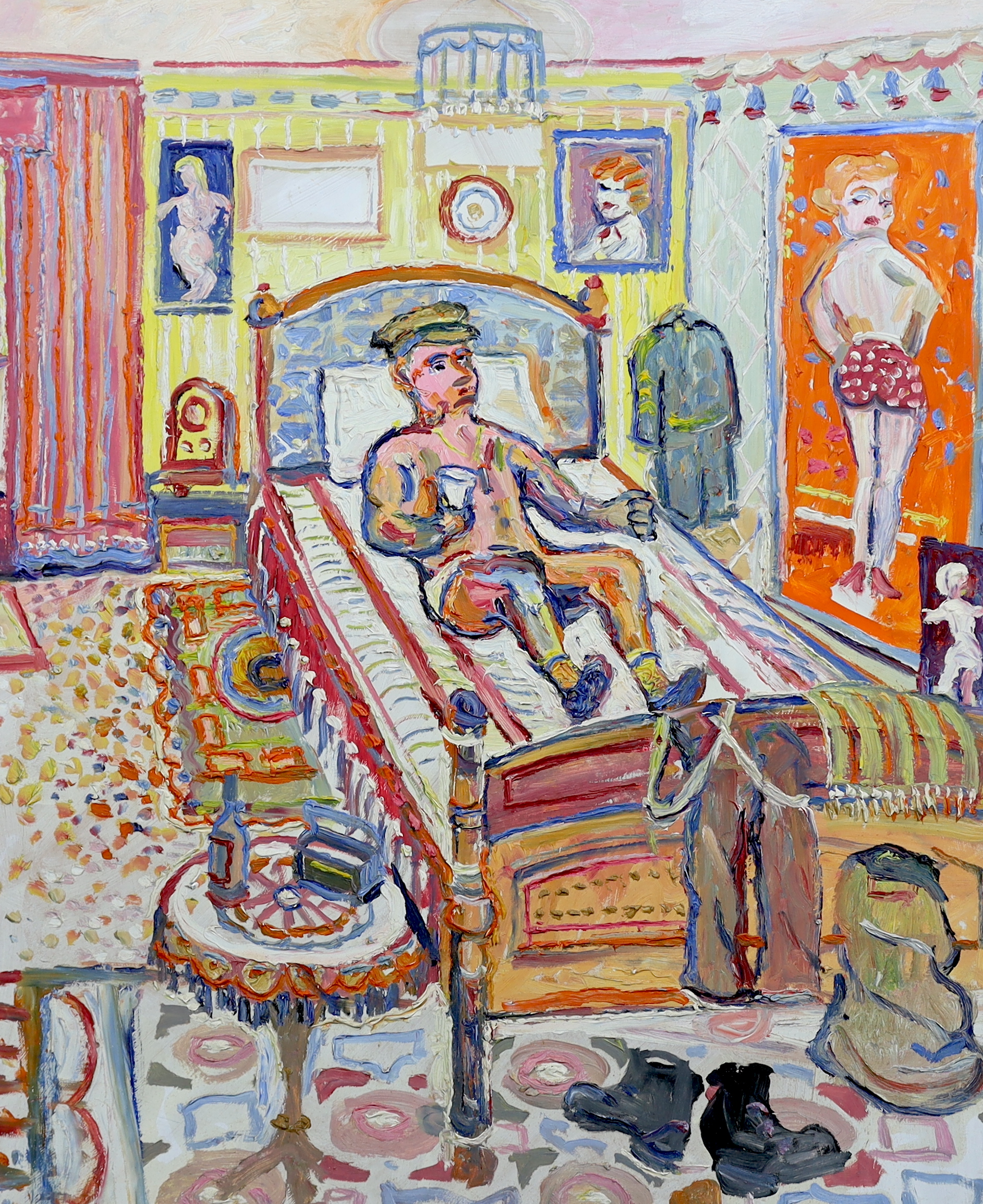 Fred Yates (English, 1922-2008), Soldier in his bedroom, oil on board, 101 x 84cm